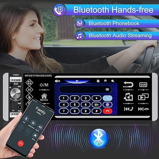 Autoradio MP5 4.1 pouces - Bluetooth, Lumières Colorées, USB/AUX, Mains Libres, avec camera de recul